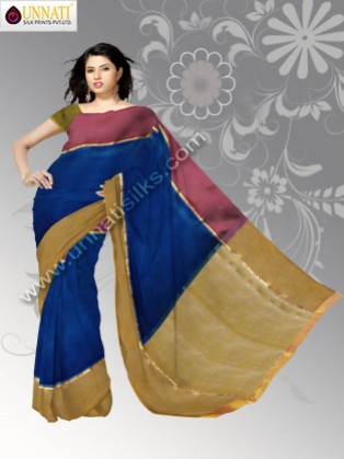 Fantastic inkjet blue color pure silk Uppada sari with matching blouse has got all over golden brown and magenta pink plain two sides border along small zari border and plain golden brown pallu is suitable for wedding and party events